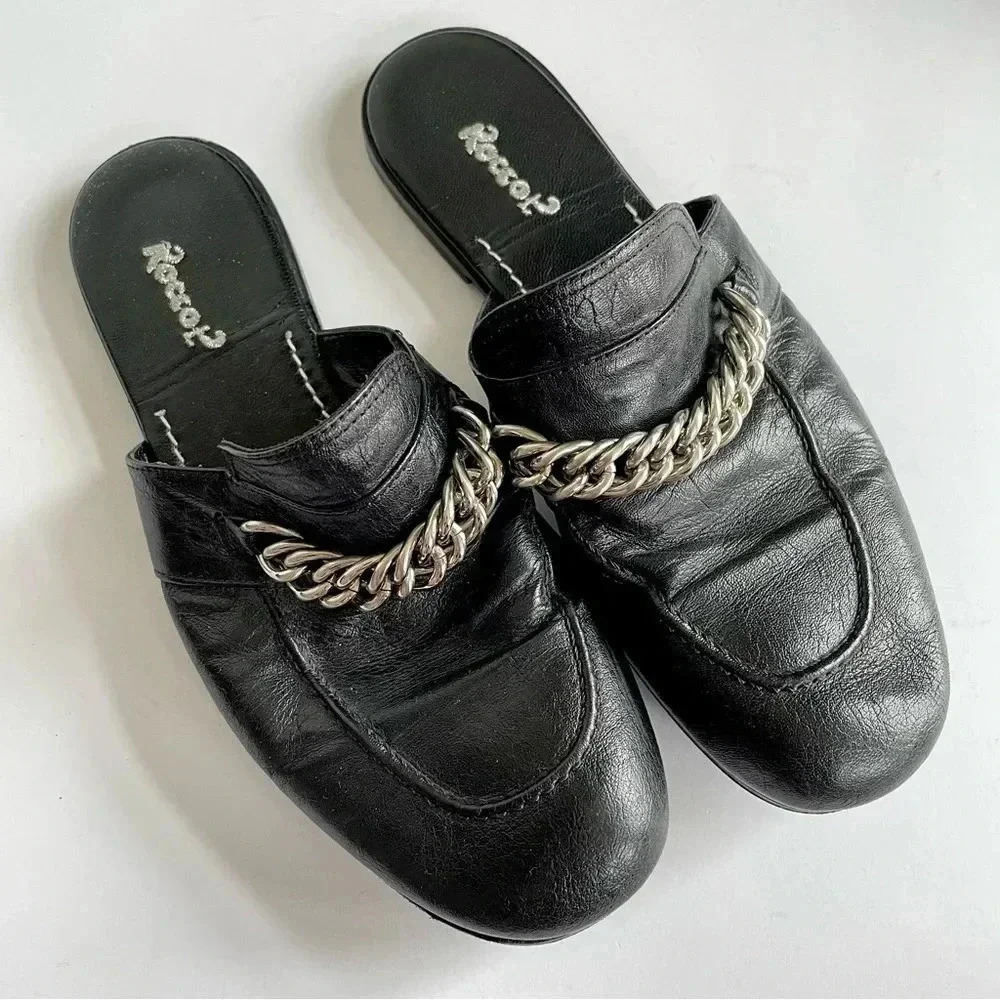 Rocco P Mules Black Leather Silver Chain Slip On Flats Womens Shoes 37.5 US 6.5